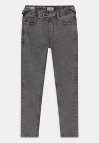 Slim-fit wyblakłe czarne dżinsy z elastycznym paskiem w talii i czarno-białym sznurkiem, z kieszeniami z przodu i z tyłu oraz szlufkami na pasek.