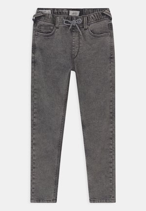 Slim-fit vybledlé černé džíny s elastickým pasem a černobílým stahovacím šňůrkou, vybavené předními a zadními kapsami a poutky na opasek.