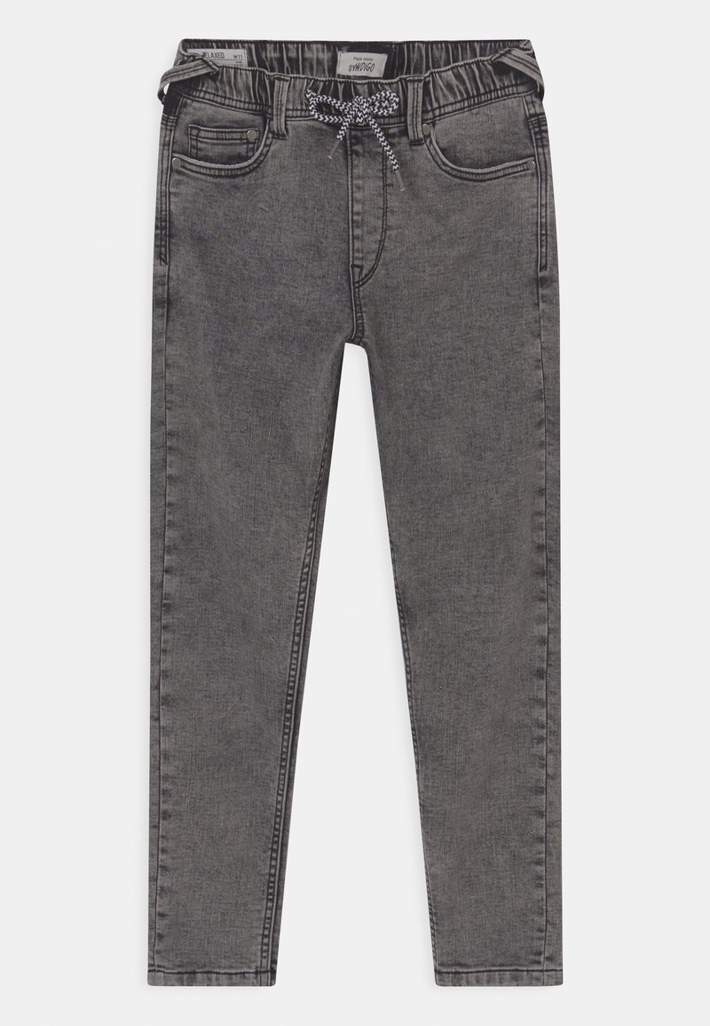 Jean slim fit noir délavé avec taille élastique et cordon noir et blanc, disposant de poches avant et arrière ainsi que de passants de ceinture.