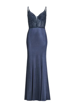 Abito da sera navy con un design aderente, corpino decorato con paillettes, scollatura profonda e gonna fluida con orlo leggermente svasato.