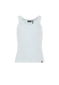 Šviesiai mėlynas tank top'as, pagamintas iš minkštos medvilnės, pasižymi klasikinio be rankovių dizaino su apvaliu iškirpimu ir juodu logotipo etiketėle apačioje.