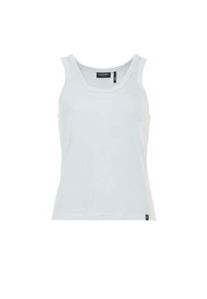 Šviesiai mėlynas tank top'as, pagamintas iš minkštos medvilnės, pasižymi klasikinio be rankovių dizaino su apvaliu iškirpimu ir juodu logotipo etiketėle apačioje.
