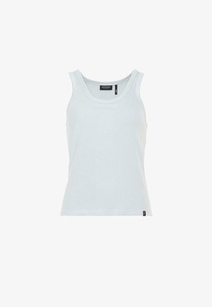 Vaaleansininen hihaton toppi, joka on valmistettu pehmeästä puuvillasta, sisältää klassisen hihattoman muotoilun, jossa on pyöreä kaula-aukko ja musta logo-merkki hemman kohdalla.