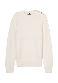 Weißer Strickpullover mit einem strukturierten Muster, gerippten Bündchen und Saum sowie vier dekorativen Knöpfen an der Schulter.