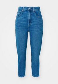 Blå denimjeans med hög midja, indragen ben, fem fickor och knappstängning fram. Tyget har en mjuk yta med minimalt blekning.