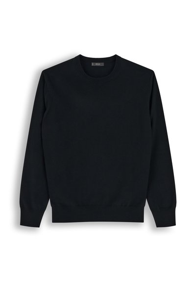 Pull noir à manches longues col rond avec poignets et ourlet côtelés, posé à plat sur fond blanc.