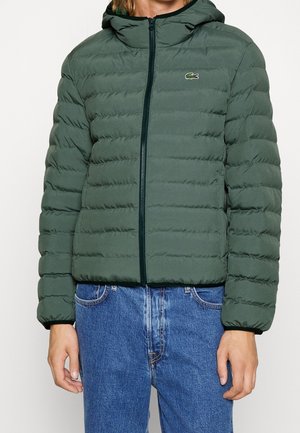 Personne portant une veste matelassée à capuche verte avec fermeture éclair devant et un jean bleu, visible de la poitrine à mi-cuisse.