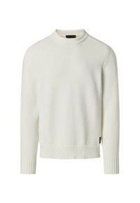 Maglione lungo a maniche lunghe bianco in maglia con colletto alto a coste, polsini e orlo, caratterizzato da sottili dettagli in maglia verticali vicino al colletto.