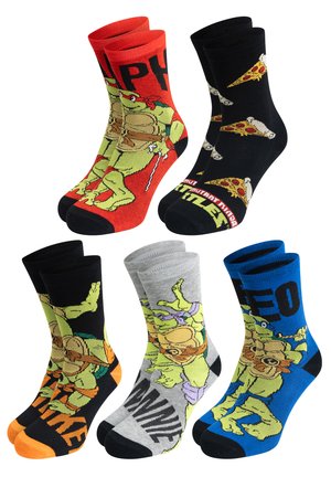 Fünf Paar Socken mit bunten Designs; Materialien bestehen aus Baumwolle. Farben: rot, schwarz, grau, blau, Akzentfarben. Charaktergrafiken sind enthalten.