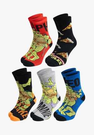 Five pairs of socks featuring colorful designs; materials include cotton. Colors: red, black, gray, blue, accent colors. Character graphics included.
