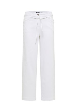 Pantalon droit blanc avec bouton à l'avant, fermeture éclair, taille à cordon de serrage et poches avant, présenté sur un fond uni.