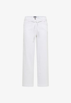 Valkoiset suorat housut, joissa on edessä nappi, vetoketju, nyörit vyötäröllä ja etutaskut, esitetty yksinkertaisella taustalla.