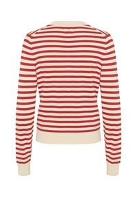 Pull à manches longues avec des rayures horizontales rouges et crème, poignets et bas en côtes, vu de dos sur fond blanc.