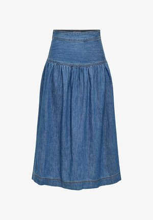 Jupe en denim taille haute, longueur au genou, avec tissu froncé sous la ceinture et coutures apparentes le long de l'ourlet et de la taille.