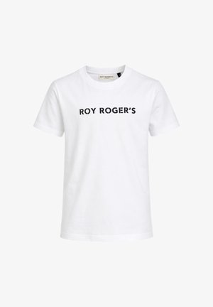 T-shirt bianca in cotone a maniche corte con scritta nera "ROY ROGER'S" centrata sul petto, girocollo e vestibilità standard.