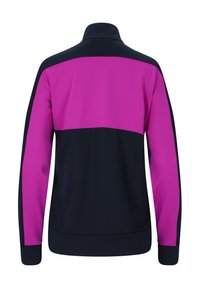 Jacka med dragkedja och hög krage, i en färgblockdesign i marinblått och rosa. Tillverkad av mjukt och lätt material med uppvikta ärmar.