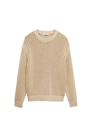 Stickad tröja i beige med lös väv, rund halsringning, långa ärmar och ribbade manschetter och nederkant. Strukturerat mönster överallt.