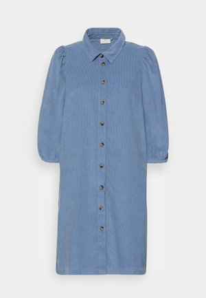 Blue corduroy button-down dress with long puff sleeves and a pointed collar, displayed on a white background.