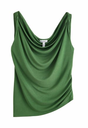 Grünes ärmelloses Top mit drapiertem Stoff am Ausschnitt und subtiler Raffung an den Schultern, flach auf weißem Hintergrund präsentiert.