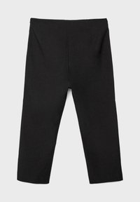 Leggings noirs courts avec une taille haute, des jambes droites et sans embellissements ni poches visibles sur un fond uni.