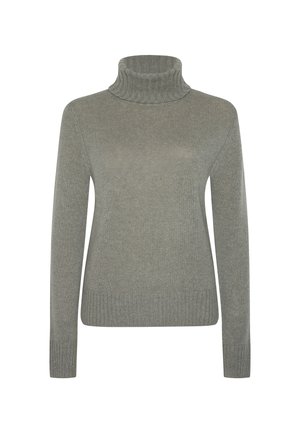 Hellgrauer gerippter Strickrollkragenpullover mit langen Ärmeln und engen Bündchen, vor einem weißen Hintergrund präsentiert.