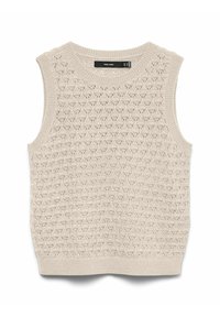 Gilet tricoté sans manches beige avec un motif texturé ajouré et un col, des emmanchures, ainsi qu'un ourlet côtelés.