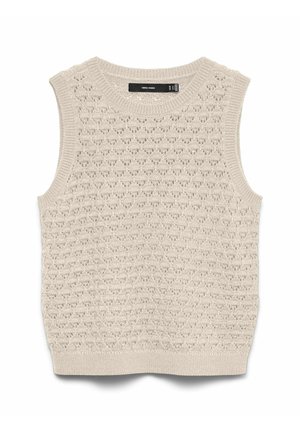 Smėlio spalvos rankovių megztinis liemenė su tekstūruotu, atviru raštu ir ribotu apykakle, pažastimis bei apačia.