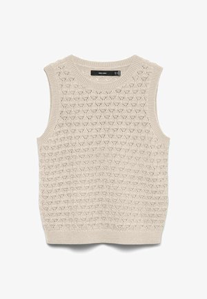 Beige sleeveless knit sweater vest with a textured, openwork pattern and ribbed neckline, armholes, and hem.