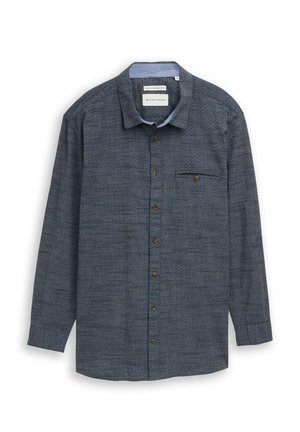 Tumši zila garām piedurknēm ar rakstu un pogām, ar apkakli un vienu krūšu kabatu, attēlota plakani uz balta fona.