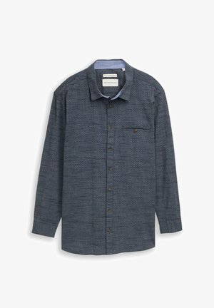 Long-sleeve dark blue patterned button-up shirt with collar and single chest pocket, shown flat on white background.