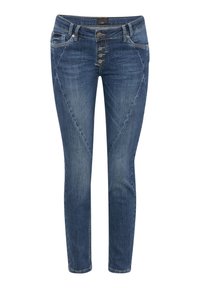 Jeans ajustados de denim azul oscuro, con un cierre frontal de cinco botones, detalles de costura en ángulo y bolsillos traseros tradicionales. Textura suave.