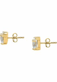 Guldtonede stud øreringe med klare rektangulære ædelsten, sat i et design med fire kærvninger og en push-back lukning.