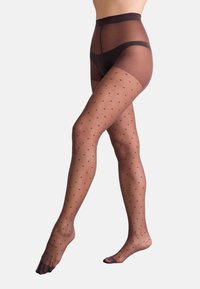 Zwarte polkadot maillots gemaakt van doorschijnend materiaal, met een hoge tailleontwerp. Het patroon bestaat uit gelijkmatig verdeelde kleine stippen over de benen.