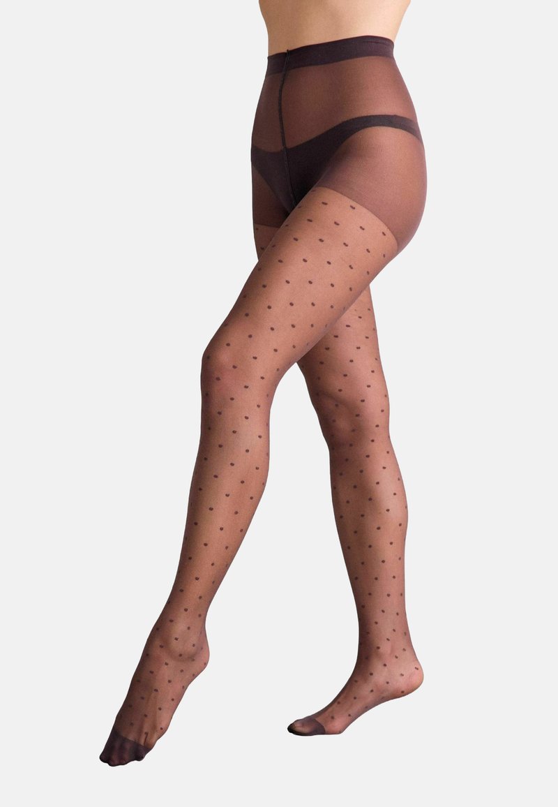 Zwarte polkadot maillots gemaakt van doorschijnend materiaal, met een hoge tailleontwerp. Het patroon bestaat uit gelijkmatig verdeelde kleine stippen over de benen.