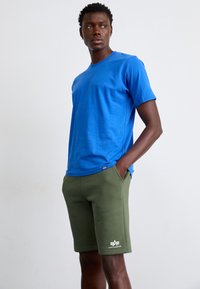 Blå bomulds T-shirt med korte ærmer, parret med grønne bomulds shorts med et hvidt logo og sidelommer.