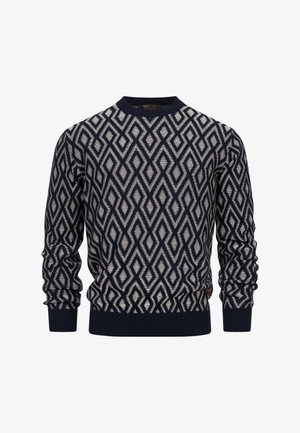 Pulover tricotat bleumarin cu un model în romb de culoare crem, cu manșete și tiv ribotate, guler rotund și o textură moale.