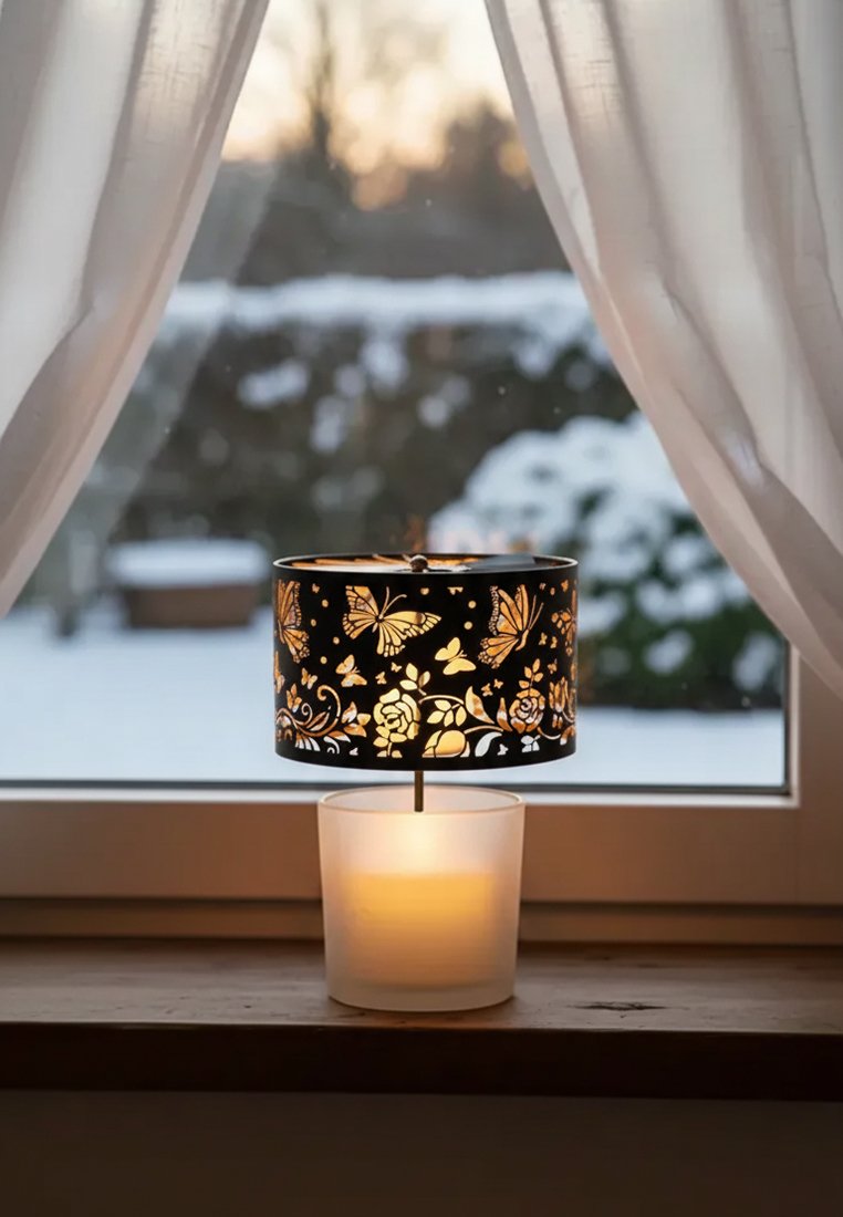 Bougie allumée avec un papillon noir et un abat-jour à motif floral sur un rebord de fenêtre avec un paysage extérieur enneigé et des rideaux blancs.