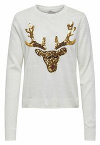 Witte trui met een rendierontwerp van gouden pailletten, die de hoorns en gezichtskenmerken benadrukken. Ronde hals en lange mouwen.