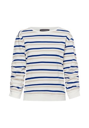 Gestreiftes Langarmshirt in Weiß mit hellbeigen und blauen horizontalen Linien. Hat einen weiten Ausschnitt und geraffte Details an den Ärmeln.