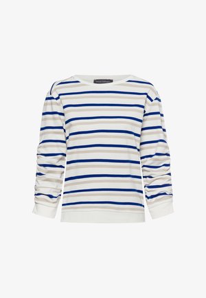 Striped long-sleeve top in white with light beige and blue horizontal lines. Features a wide neckline and gathered details on sleeves.