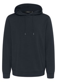 Felpa grigia scura realizzata in tessuto morbido. Presenta un cappuccio con cordoncino, tasca a marsupio e polsini e orlo ribattuti. Design semplice senza motivi.