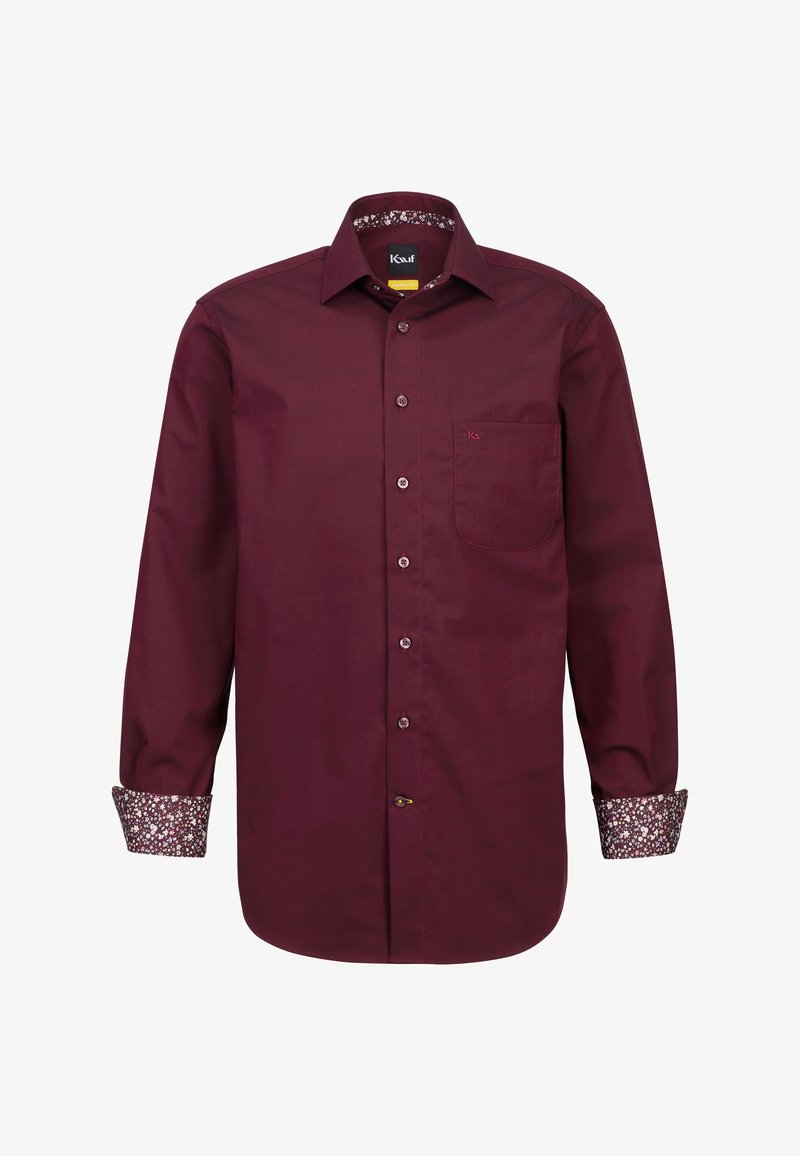 Camicia a maniche lunghe bordeaux con una tasca sul petto, chiusura con bottoni e polsini decorati con dettagli floreali. Tessuto con una texture liscia.