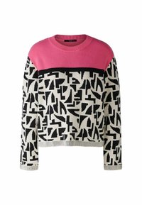 Pull tricoté coloré avec une partie supérieure rose et un motif abstrait noir et blanc sur la moitié inférieure. Encolure ronde et manches longues.