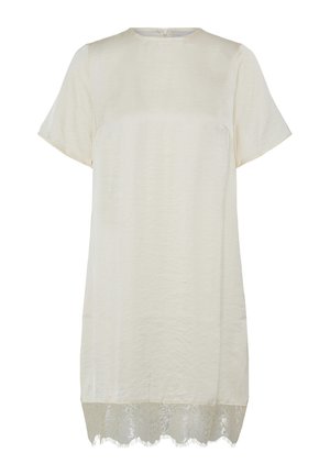 Robe courte à manches courtes couleur crème avec un col rond et une bordure en dentelle à l'ourlet, fermeture éclair au dos.