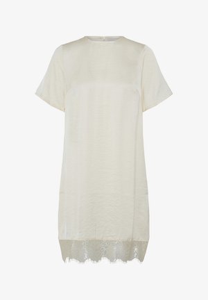 Robe courte à manches courtes couleur crème avec un col rond et une bordure en dentelle à l'ourlet, fermeture éclair au dos.