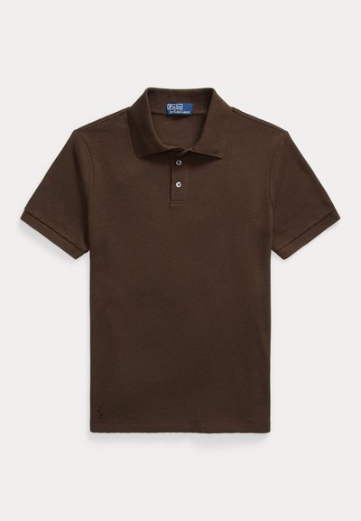 Brown polo shirt featuring a textured fabric, three-button placket, and short sleeves. Logo accent near the hem.