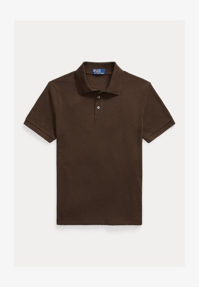 Brown polo shirt featuring a textured fabric, three-button placket, and short sleeves. Logo accent near the hem.