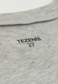 Šedé tričko s krátkým rukávem a kulatým výstřihem. Obsahuje potištěnou etiketu s nápisem "TEZENIS KIDS 6-7" černým inkoustem. Měkká, strukturovaná látka.
