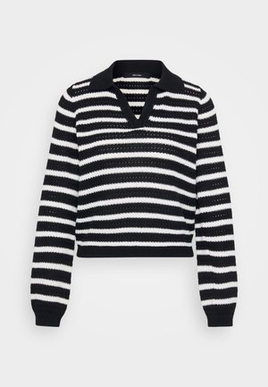 Sort-hvid stribet strikket sweater med lange ærmer, V-hals og ribkanten ved ærmer og kant.