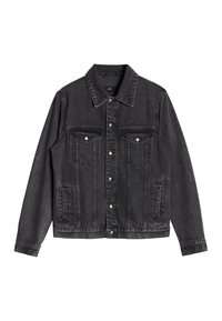 Schwarze Jeansjacke mit klassischem Design, Fronttaschen, Knopfverschluss und leicht verwaschener Textur.